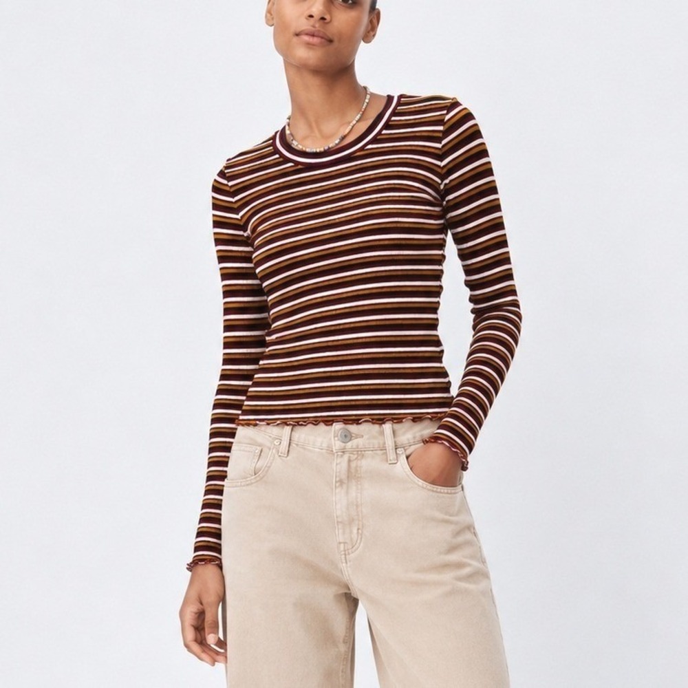 Ambiance Striped Ribbed Long Sleeve Lettuce Edge Crop Top Burgundy Mustard Large